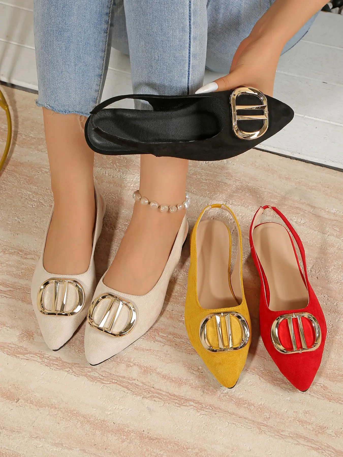 Women's Pointed Toe Metal Buckle Flat Shoes, Back Strap Support Low Heel Casual Office Shoes, Comfortable Soft Sole Slip-On Sneakers