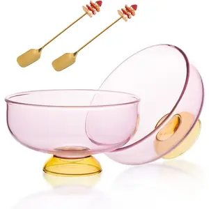 Glass Dessert Bowls Set of 2 Ice Cream Bowl with 2 -Plated Spoons Decorative Microwave Safe for Fruit,Snack,Candy Glass Bowl Set
