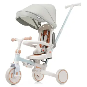 7 in 1 Baby Tricycle, Foldable Toddler Tricycle with Removable and Adjustable Parent Handle, Toddler Push Bike with Removable Pedal, Canopy, and Guardrail, Tricycle for 12-72 Months, blue