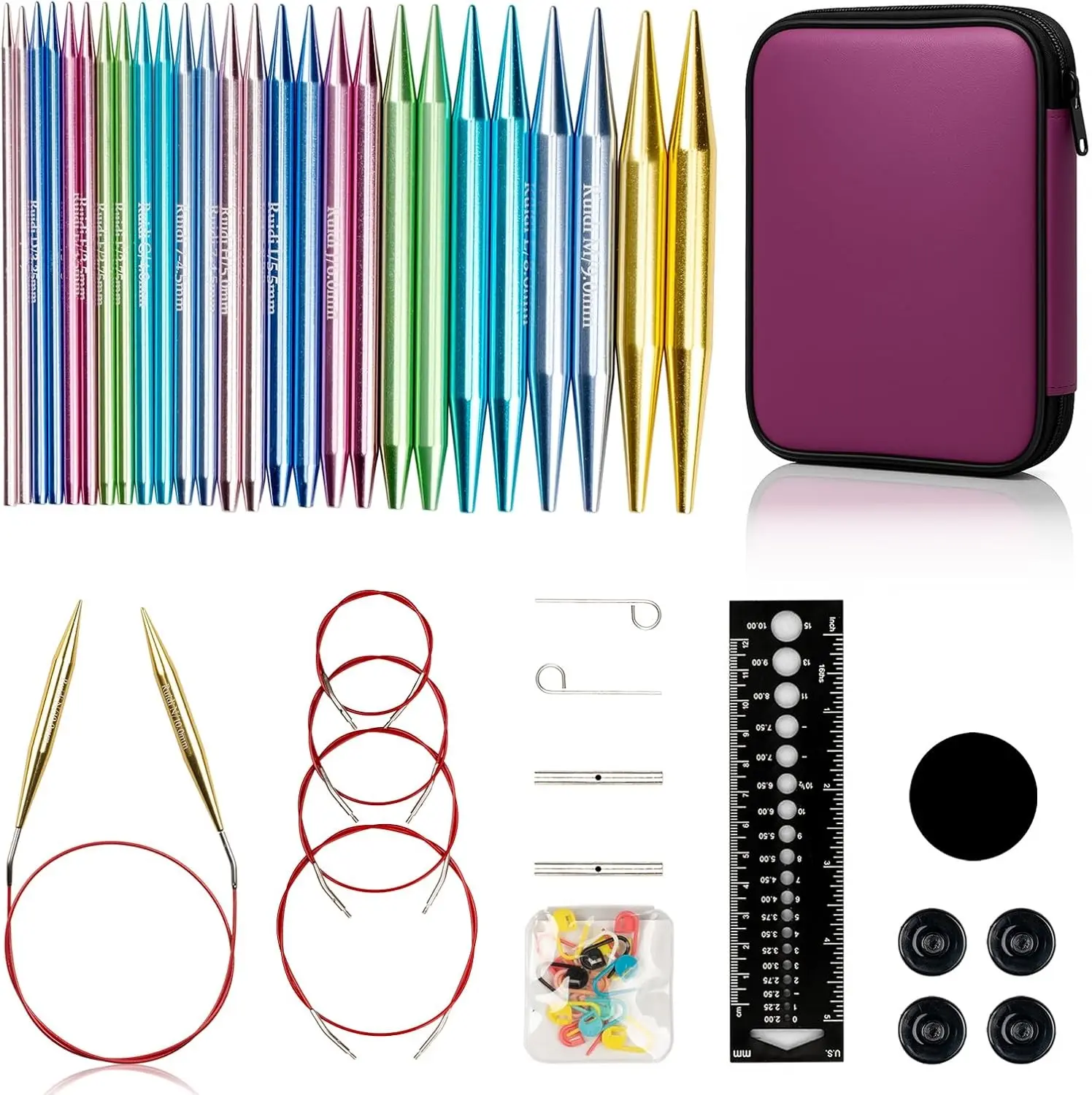 Ruidi Interchangeable Aluminum Circular Knitting Needles Set | 13 Pairs of 4 Inch (10cm) Needles, 4 Cables, Needle Holders & Leather Bag, Smooth Knitting & Versatile Projects Gift