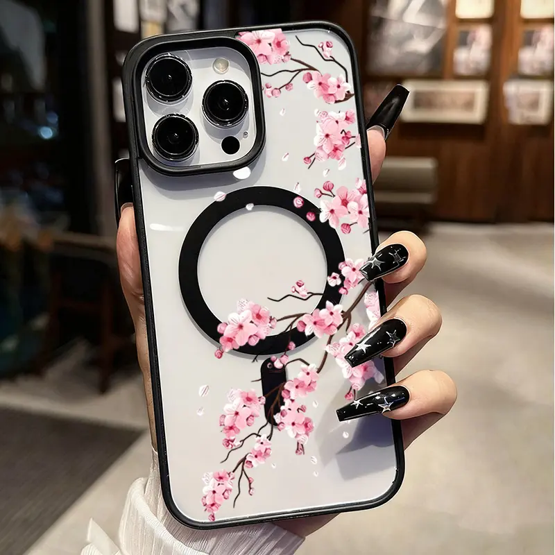 Pink Cherry Blossoms Wireless Charging Magnetic Phone Case for iPhone 17 E Air Pro ProMax iPhone16 15 14 Plus 13 12 Mini 11 X XS XR Frosted Cover, Smartphone, Handheld