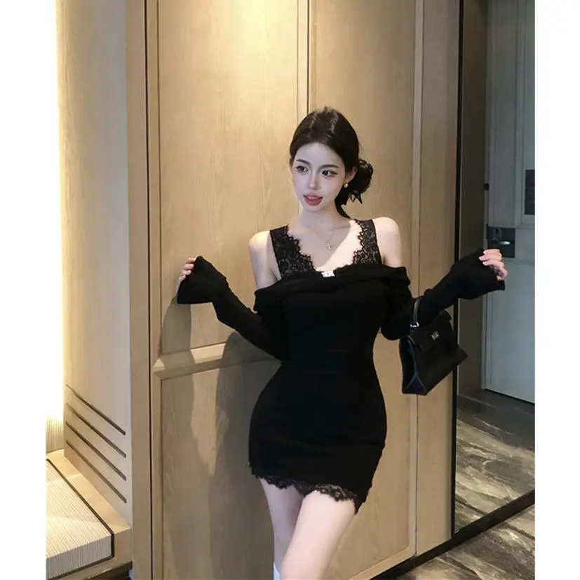2025 Sexy Black Knitted Mini Dress Women Lace Off Shoulder Hip Wrap Dresses Winter Elegant Korean Long Sleeve A Line winter - TikTok Shop 2025 Sexy Black Knitted Mini Dress Women Lace Off Shoulder Hip Wrap Dresses Winter Elegant Korean Long Sleeve A Line winter - TikTok Shop