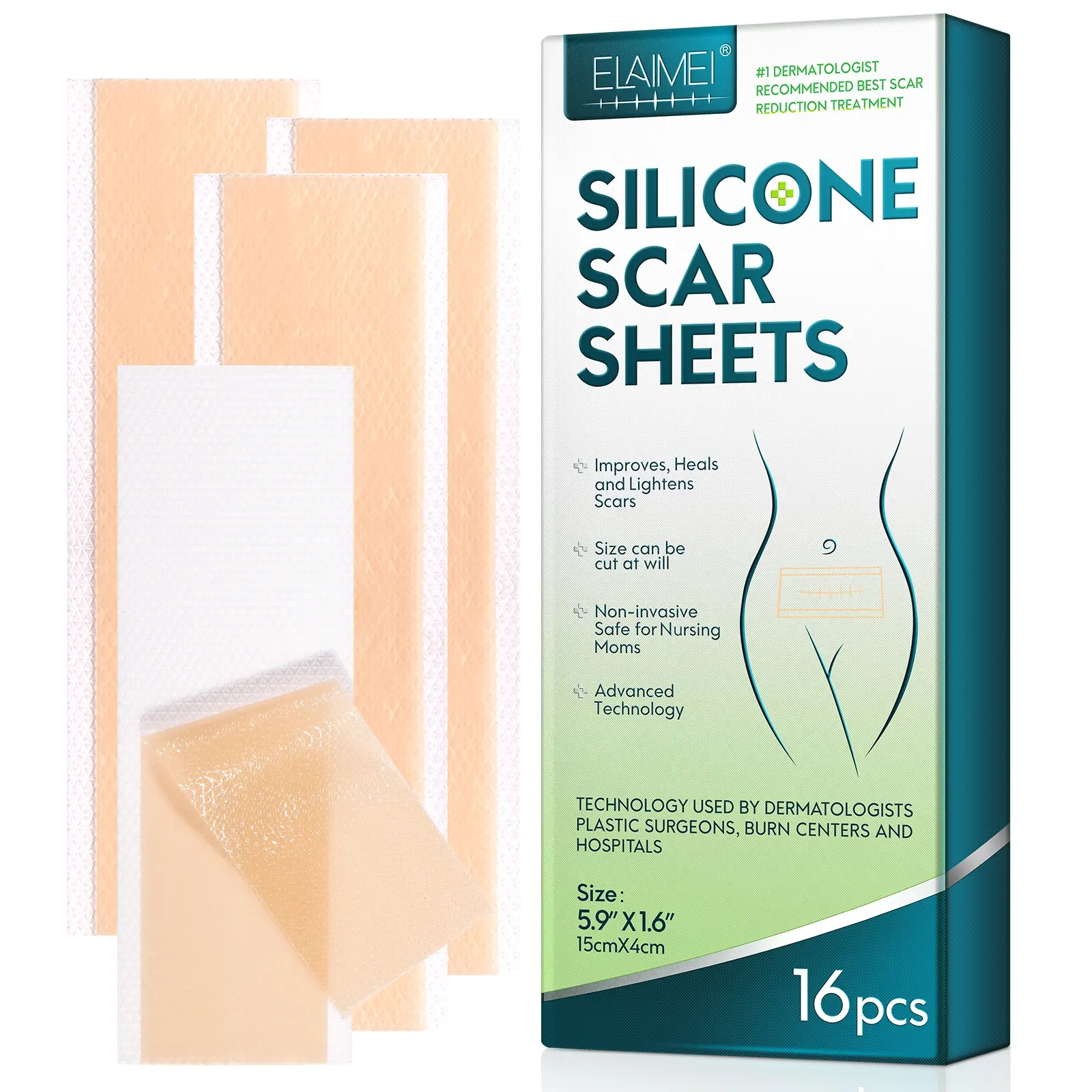 1 Box 16 Pcs, Elaimei Silicone Scar Removal Patch, Waterproof Comfortable Soft, Improves Scar Appearance, Skin Protection Scar Care Silicone Gel Dressing, Safe And Suitable For Various Scars.