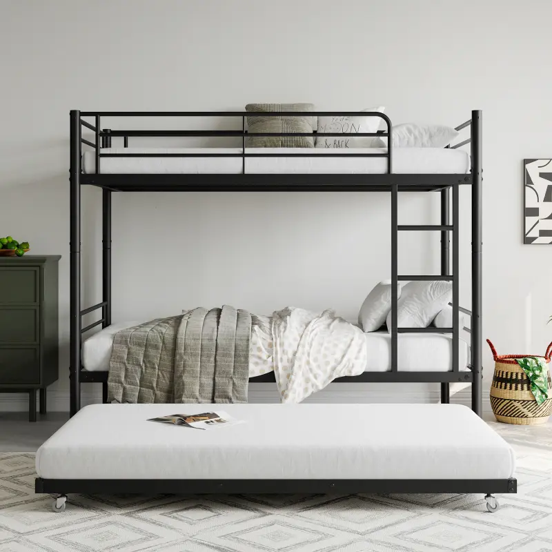 Black Twin Steel Double Decker Bed Frame with Trundle, Ladder, Full Guardrail - Noise-Free, No Box Spring Needed Bedroom Bedframe, Furniture Bed Frame
