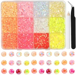 12 Pcs Macaron Jelly Color Flat Bottom Nail Art Rhinestones Set, Summer Neon Ab Rainbow Water Drills, Includes Tweezers and Wax Pen，Nail Art Rhinestones 、 Flatback Crystals 、 with Adhesive Glue 、 Diamond Painting