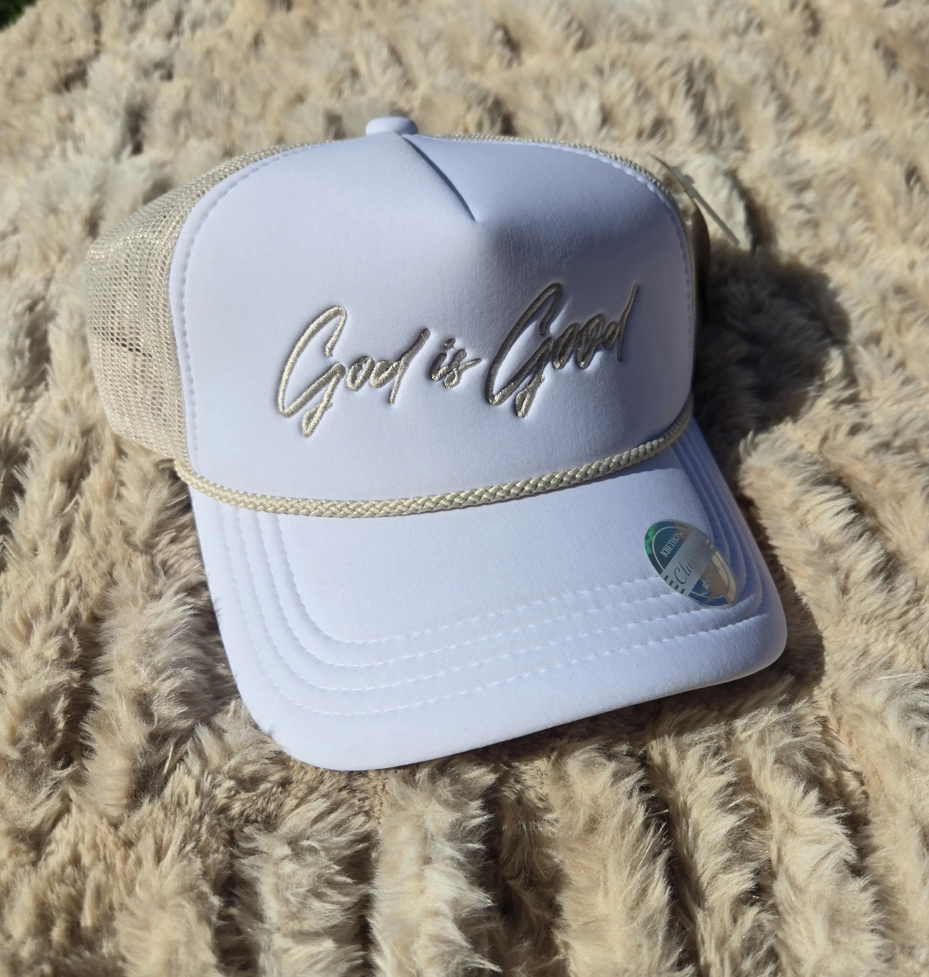 God Is Good Trucker Hat – Embroidered Faith Cap | Neutral White + Beige Mesh Snapback
