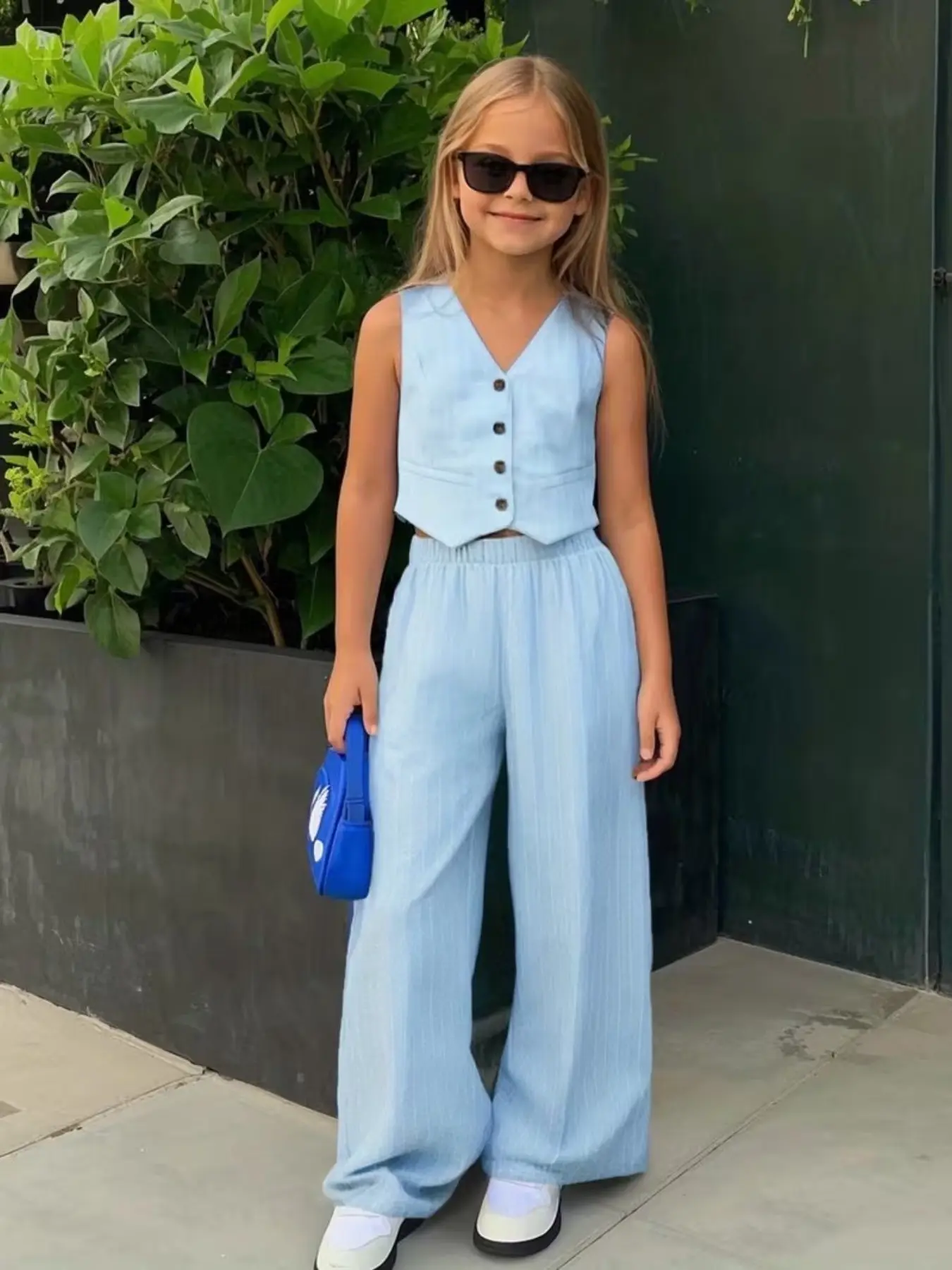 Trendy Minimalist Blue Kids 2-Piece Set, Summer Outfits Set, Striped Sets, Clothes Sets, Tailored Vest & Wide Leg Pants, Loose-Fitting Casual Fashion for Little Girls