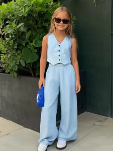 Trendy Minimalist Blue Kids 2-Piece Set, Tailored Vest & Wide Leg Pants, Loose-Fitting Casual Fashion for Little Girls