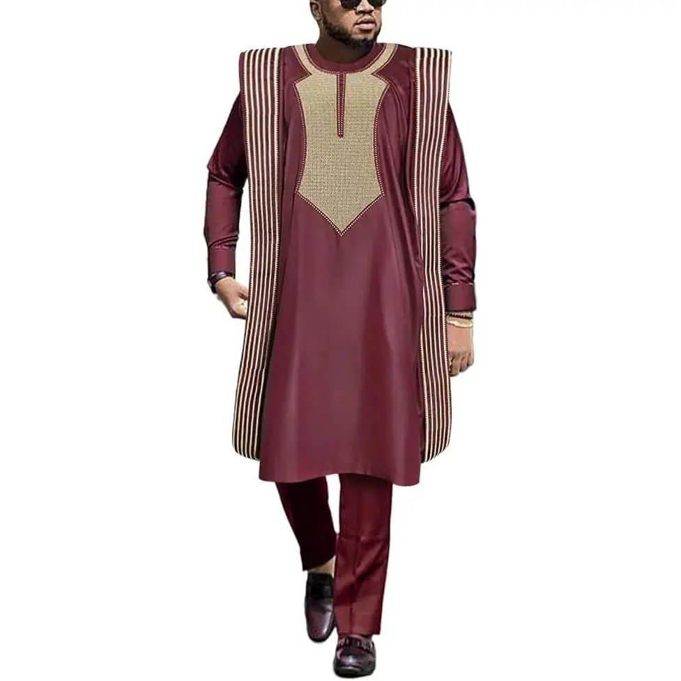 HD African Mens Clothing Traditional Attire Embroidery Agbada Boubou Caftan Nigerian Male Wedding Clothes Set
