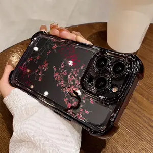 Electroplated Four Corner Anti-Fall Cherry Blossom Flower Pattern Phone Case for iPhone 17 Air 16 Pro Max 15 Plus 14 13 12 11 Shockproof Transparent Protective Cover.HMA43 Smartphone Protection