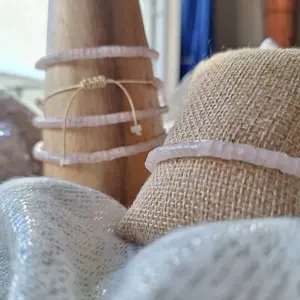Adjustable Rose Quartz Beads Macrame Bracelet with Beige Thread for Women