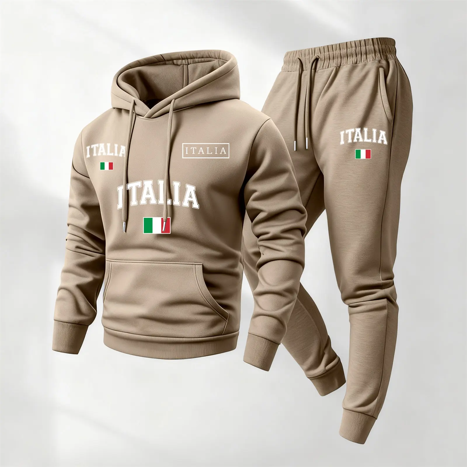 Men's 2-Piece Hoodie and Sweatpants Set, Casual Polyester Tracksuit with Italy Flag Print, Long Sleeve Athleisure Sportswear for Men's Fashion, 1 Set, Machine Wash
