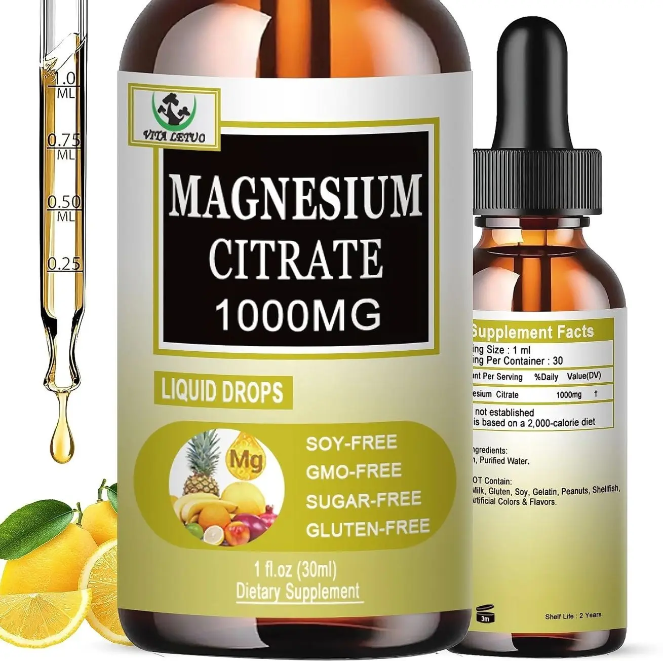 Magnesium Citrate Liquid Drops | High Absorption Liquid Magnesium Supplement for Sleep, Muscle & Heart Support - Magnesium Citrate 1000mg for Adults Women & Men - Vegan | Non-GMO - 30 Servings