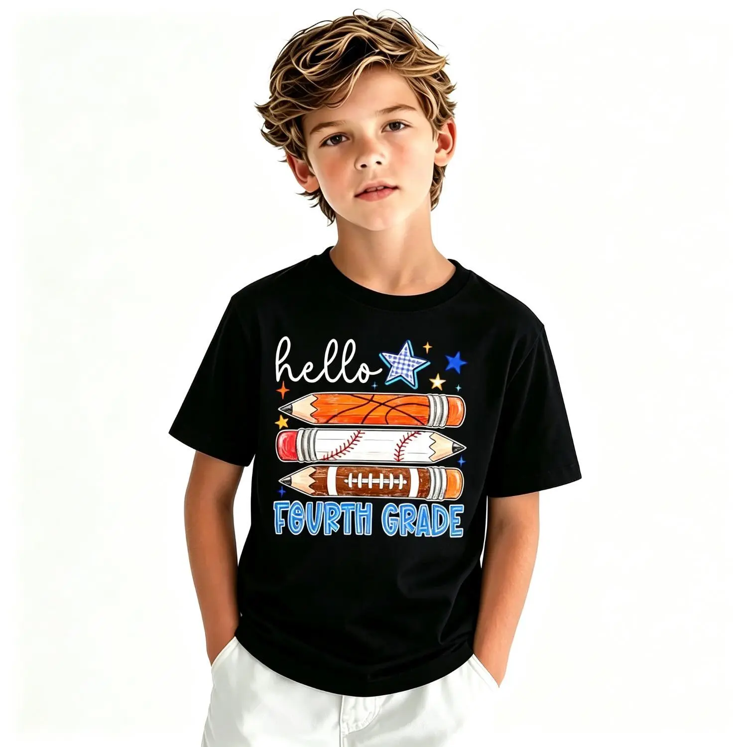 Hello Fourth Grade Sports Pencil Back to School Teachers Kid T-Shirt