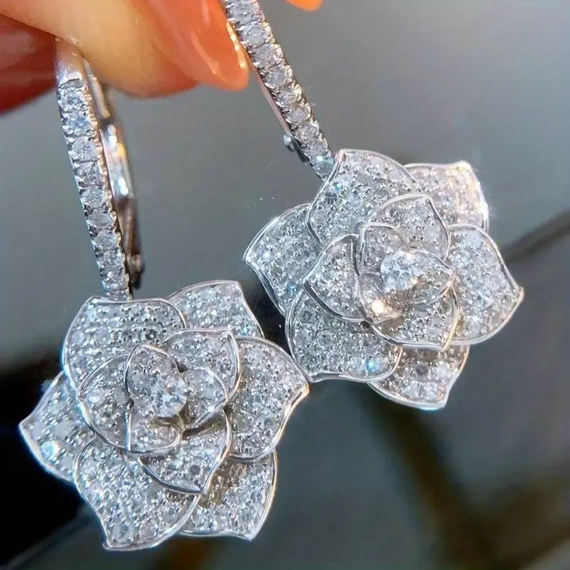 Exquisite Luxury Flower Shape Zircon Earrings Hook Vintage Women Earrings Casual Fine Jewelry Gift Elegant Drop Earrings Wedding Party Jewelry