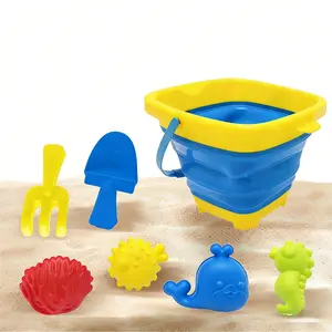 Beach Toy Set with Foldable Buckets, Sand Molds and Shovels, Travel Beach Vacation Essentials, Summer Party Favors