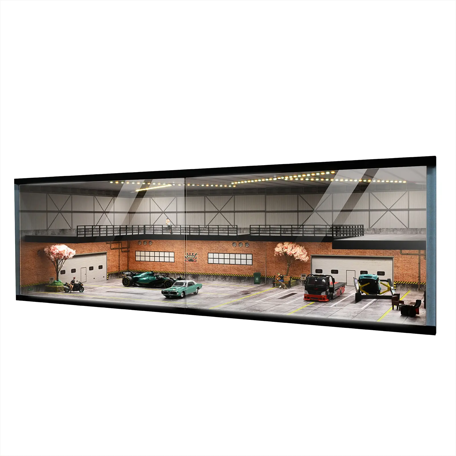 Diorama 1/64 Scale Car Showroom Model LED Lighting Double Decker Car Garage Model City Parking Lot Model Scene Display Model Hot Wheel with Dust Door
