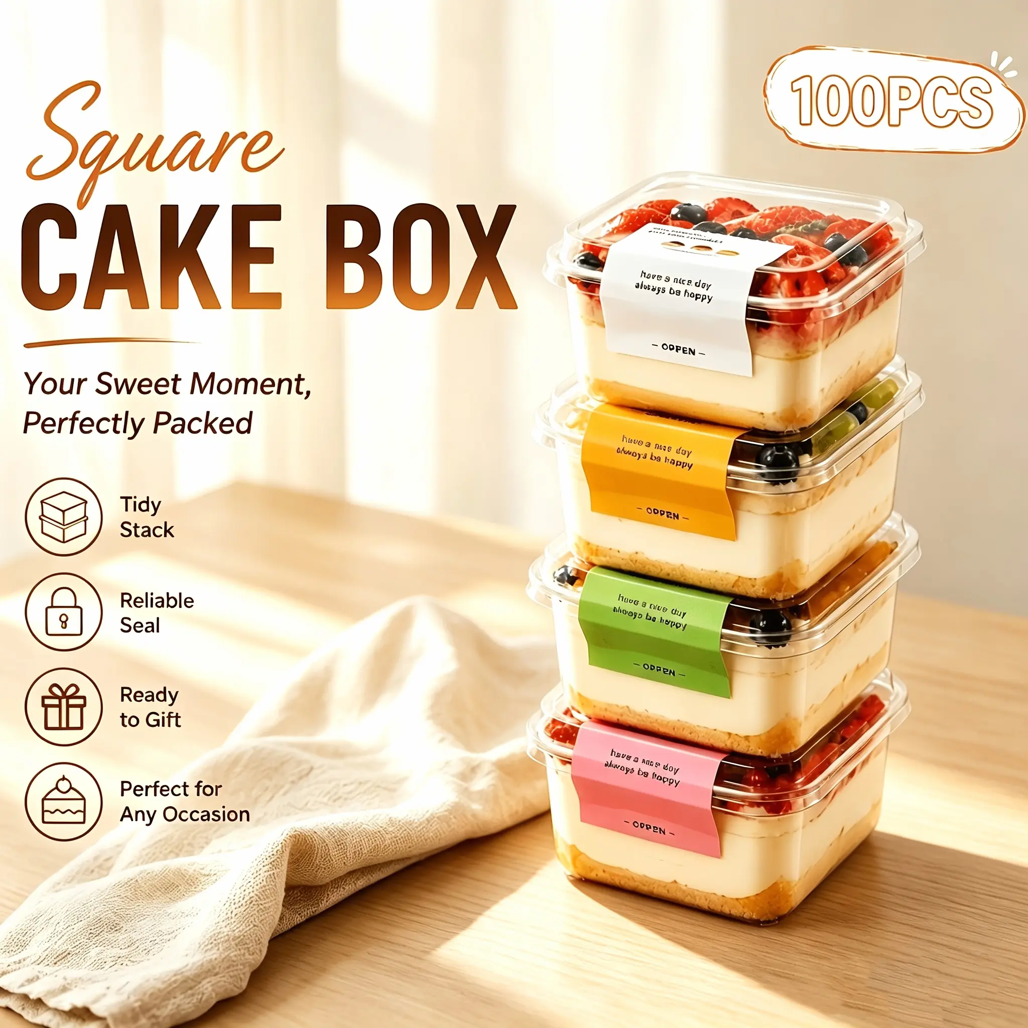 100pcs Tiramisu Mousse Cake Box, Basque Macaron Pastry Packaging Box with Lid, Dessert Baking Packaging Box, Disposable Transparent Plastic Takeaway Box
