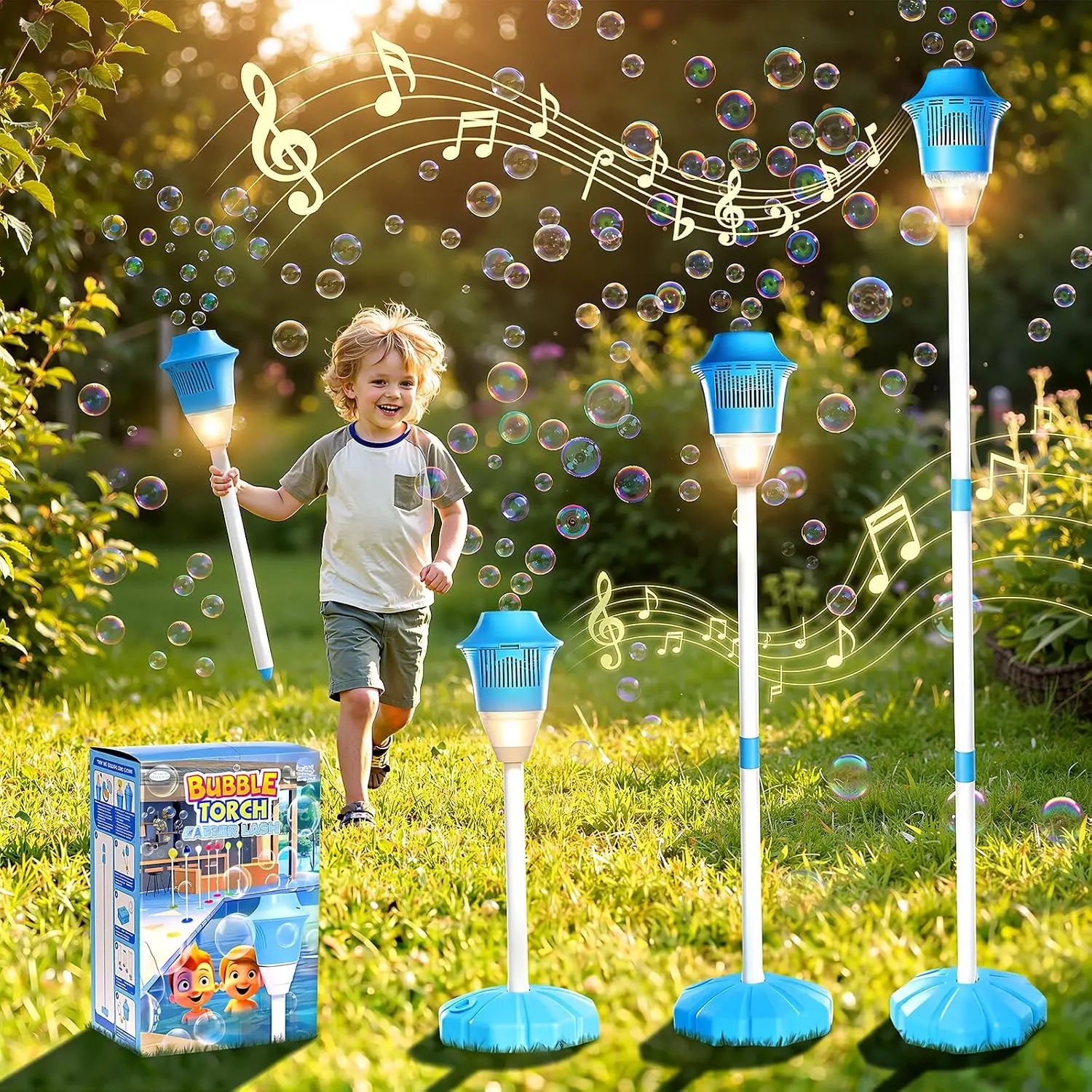 Bubble Machine for Kids, Automatic Standing Bubble Maker | 47" Adjustable Height Outdoor Bubble Blower with Light & Music for Toddlers Birthday Party Gifts（Blue）