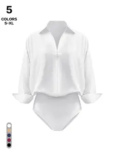 2026 Spring Summer Women's Collared V-Neck Bodysuit Shirt, Long Sleeve Cuffed Blouse Bodysuit, Elegant Loose Fit Work Office Top, Wrinkle-Resistant Buttonless Bodysuit for Business Casual & Daily Wear