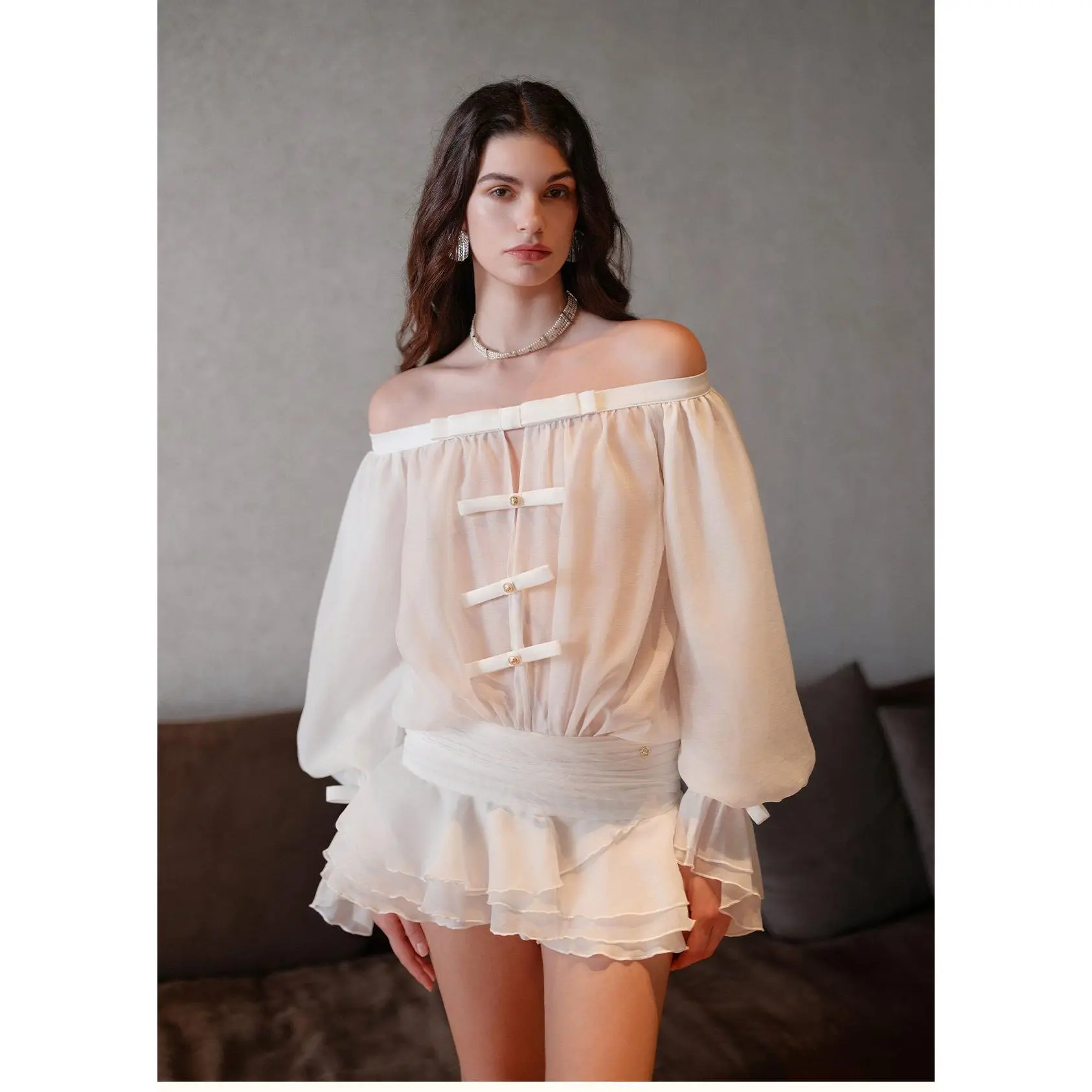 Sheer Luck See Off-Shoulder Bubble Puffy Panty Mini Dress (White)