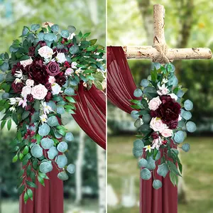 Burgundy Wedding Arch Flowers Swag with Drape Kit (Pack of 3) -2pcs Artificial Flower Arrangement with 1pcs 26Ft Red Shiny Drape for Wedding Ceremony and Reception Backdrop Decoration