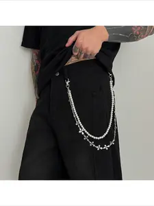 Pearl & Silver Cross Jeans Chain   Multi-Strand Pant Accessory for Men   Edgy Streetwear Wallet Chain  MensJewelry  CrossChain
