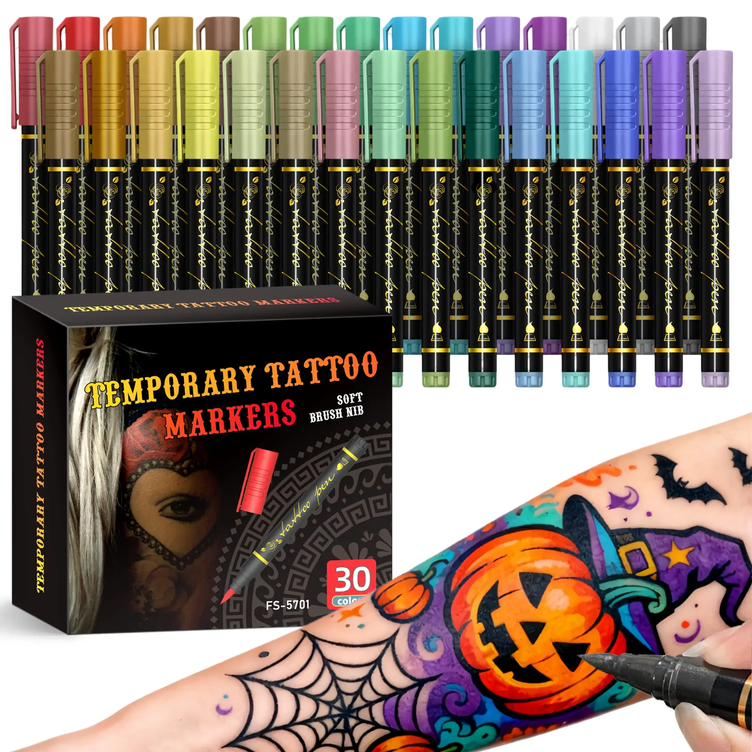 Temporary Tattoo Markers for Skin, 10/15/30-Count Body Markers 10/15/30 Color Tattoo Pens,Flexible Brush Tip, Bright colors, Face Paint Kit Cosmetic Quality,Halloween makeup Handmade Glitter