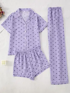 Women's 3-Piece Bubble Crinkle Loungewear Set, Heart Print Short Sleeve Open Front Top + Shorts + Long Pants, Wearable Outside Pajama Set