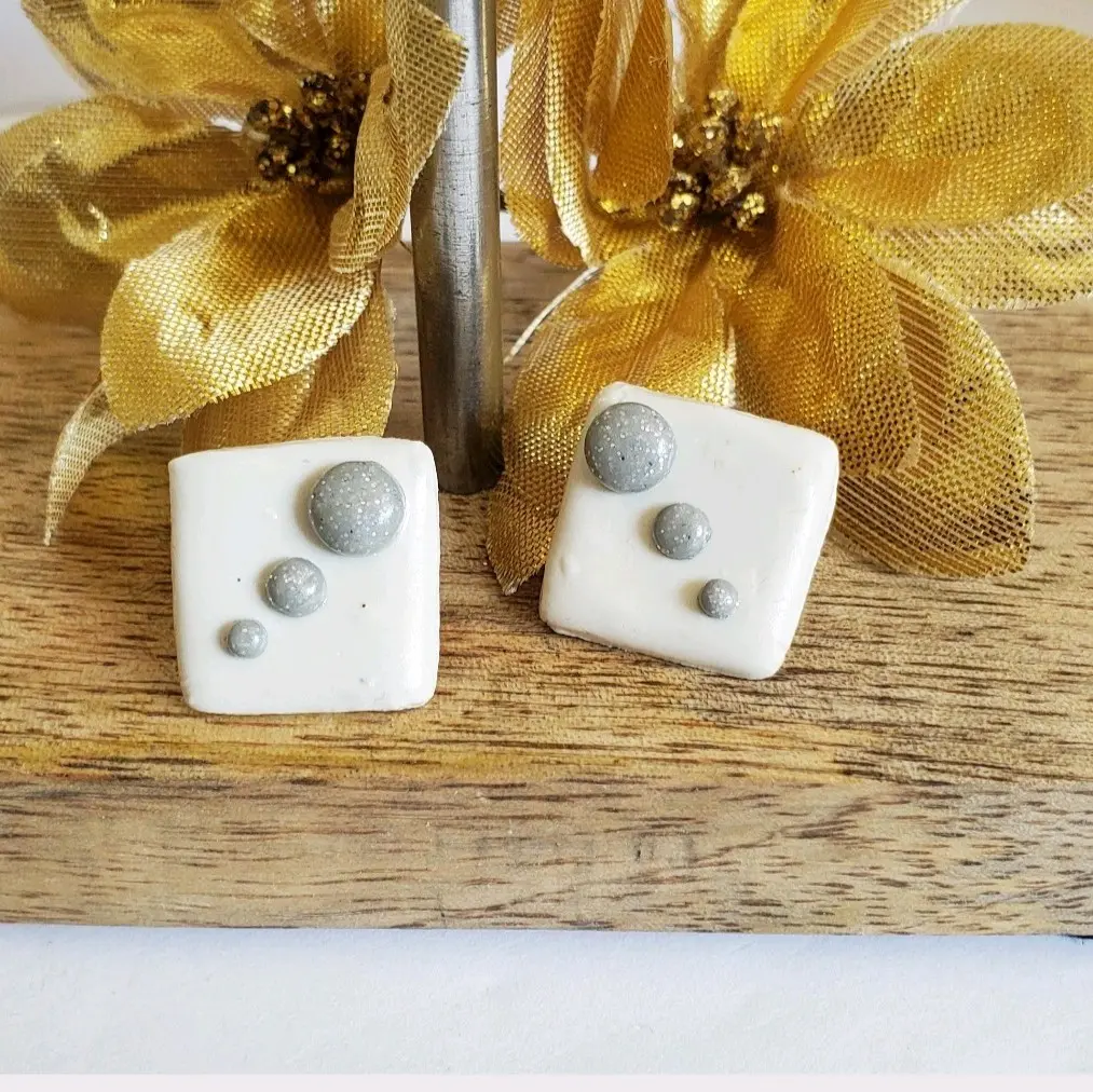 handmade polymer clay snowman earrings- festive holiday jewelry- geometric stud earrings