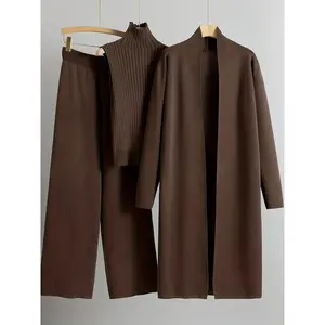 2025 newest suit high elasticity Women's loose suit, long wide-legged pants + shawl cardigan + turtleneck sweater fashion three-piece set Can be worn up to 70kg Suitable for female Can be used with raincoatGift