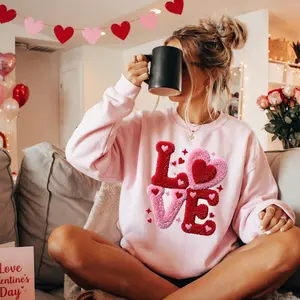 LOVE Hearts Faux Chenille Print Valentines Sweatshirt Unisex Casual Crew Neck Long Sleeve Top College Pullover for Everyday Wear Stylish Outings Comfortable & Versatile