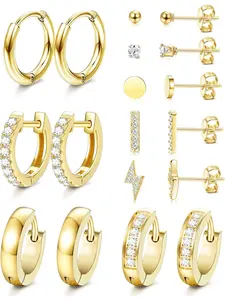 9Paris Gold Stud Huggies Earring Sets for Multiple Piercing Tiny Ball CZ Huggie Hoop Earrings Mini Gold Earrings Set Stud Earring Jewelry