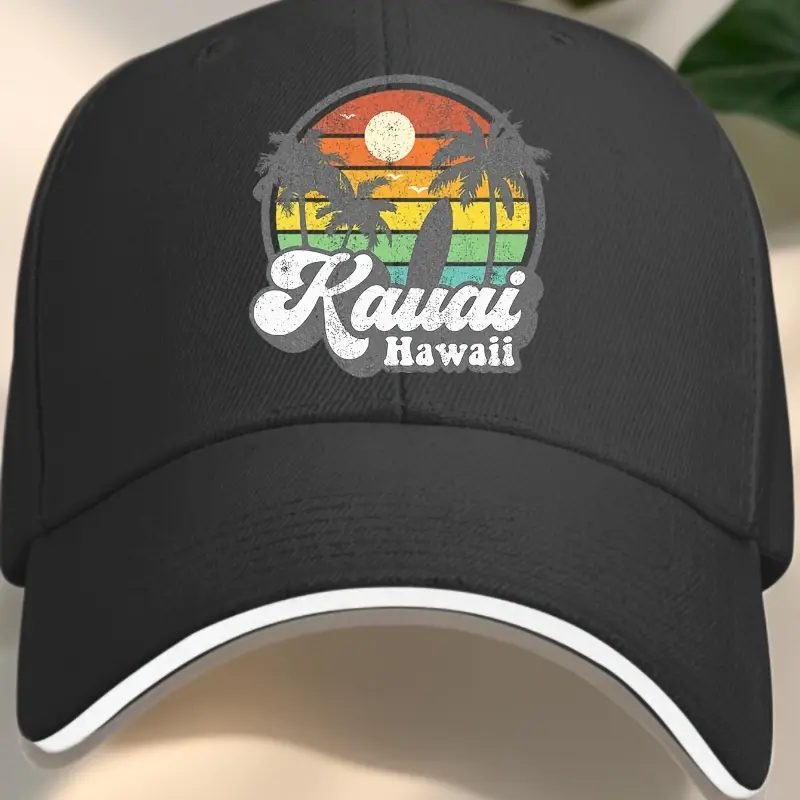 Kauai Baseball Cap, Hawaiian Embroidered Hat, Adjustable Sandwich-Style Design for Outdoor Sports & Sun Protection, One Size