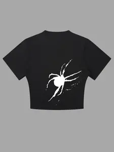 Women’s Spider Print Baby Tee | Round Neck Crop Sports T-Shirt | Breathable Quick Dry Athletic Top