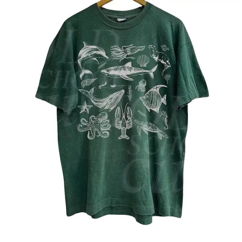 Vintage 90s Tattoo Sea Animal Tshirt - Sealife, Ocean, Whale, Orca, Turtle, Dolphin - Unisex Washed Short Sleeve Casual Top Menswear Top Streetwear
