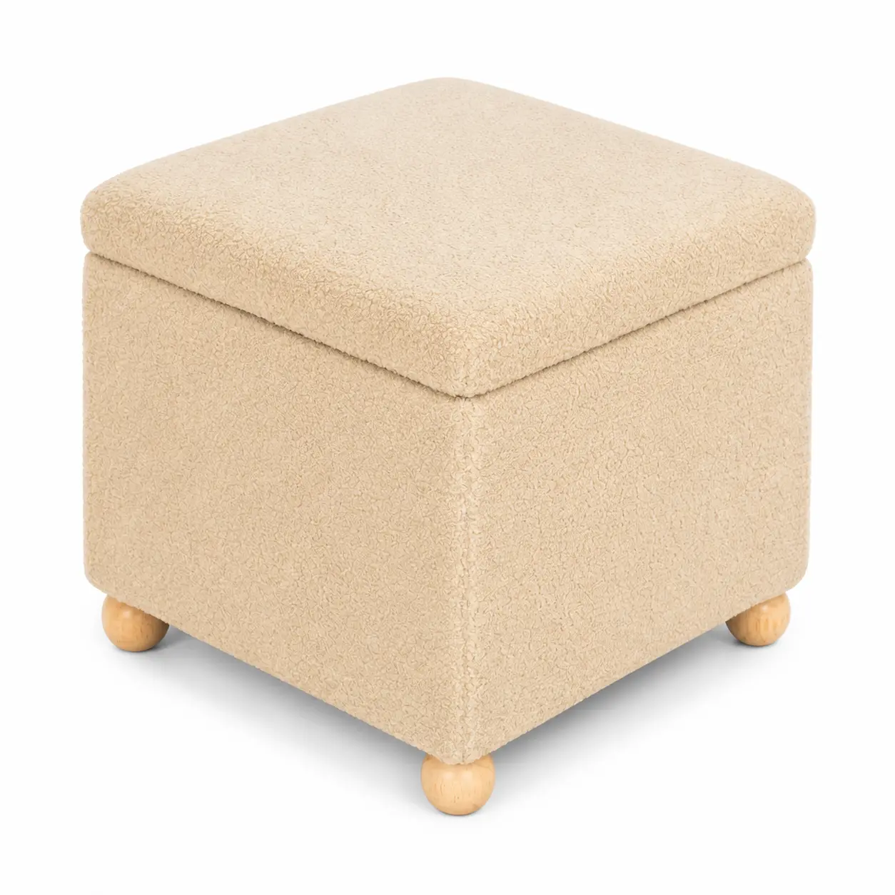 Adeco 17.3-Inch Compact Armless Teddy Velvet Storage Ottoman, Solid Wood Legs, Oatmeal Square Modern Cube with Hinged Lid, Padded Seat Footrest for Living Room, Bedroom, Modern Home Decor