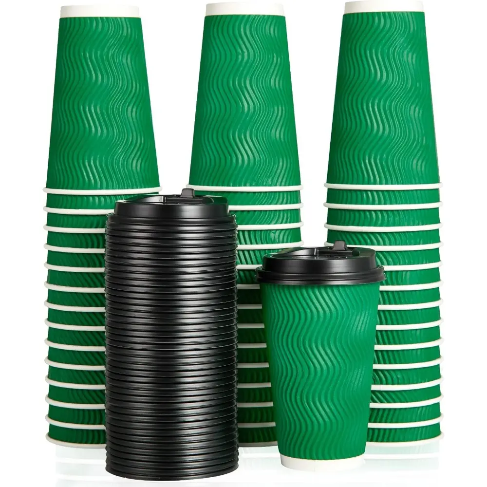 16oz Sturdy Disposable Cups, Insulated Ripple-Wall Hot Paper Cups with Leak-Proof Lids, Heat Resistant for Hot Drinks, Not Microwave-Safe Christmas Kitchenware Drinkware (80-Count), 16 Oz