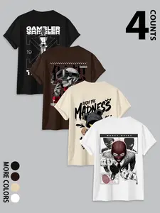 Men's Oversized Streetwear T-Shirts 4 Pack, Gambler Chess Cyberpunk Skeleton Money Heist Graphic Tees, Retro Y2K Hip Hop Skateboarding Tops, Casual Cotton Crewneck Street Fashion Shirts for Men