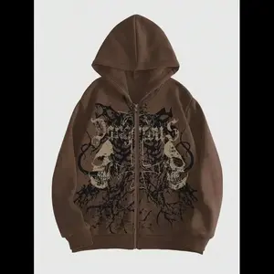 MEN Grunge Punk Men's Skull Letter Print Zipper Closure Hoodie, Long Sleeve, School
