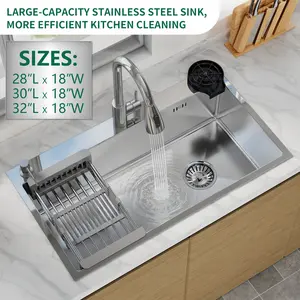 Silver Kitchen Sink Stainless Steel 28"/30"/32" Single Bowl Drop In Top Mount with Faucet Retractable drain basket Glass Rinser
