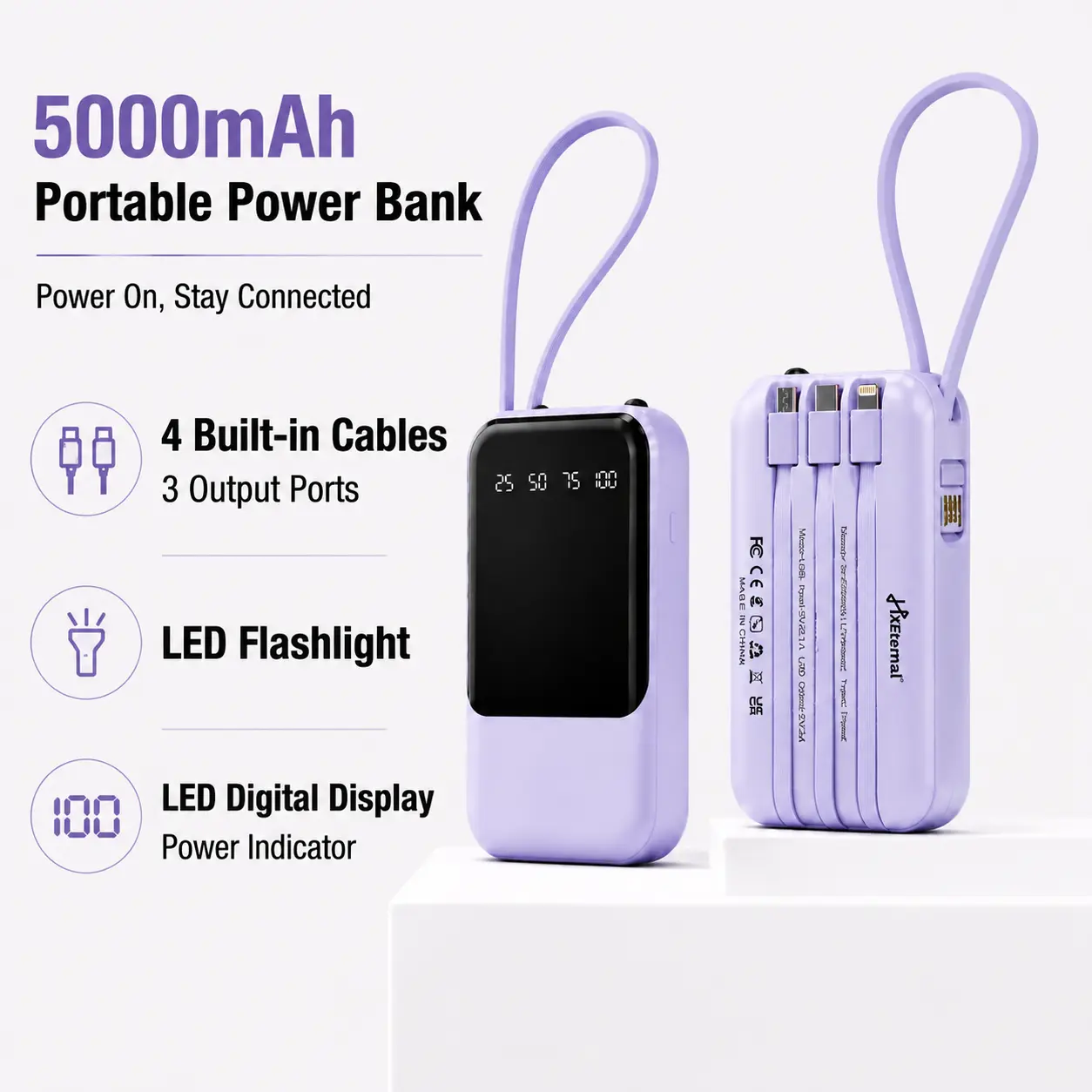5000mAh Portable Charger with 4 Built-in Cables Fast Charging Power Bank with Digital Display Compact Battery Pack for iPhone Android Travel