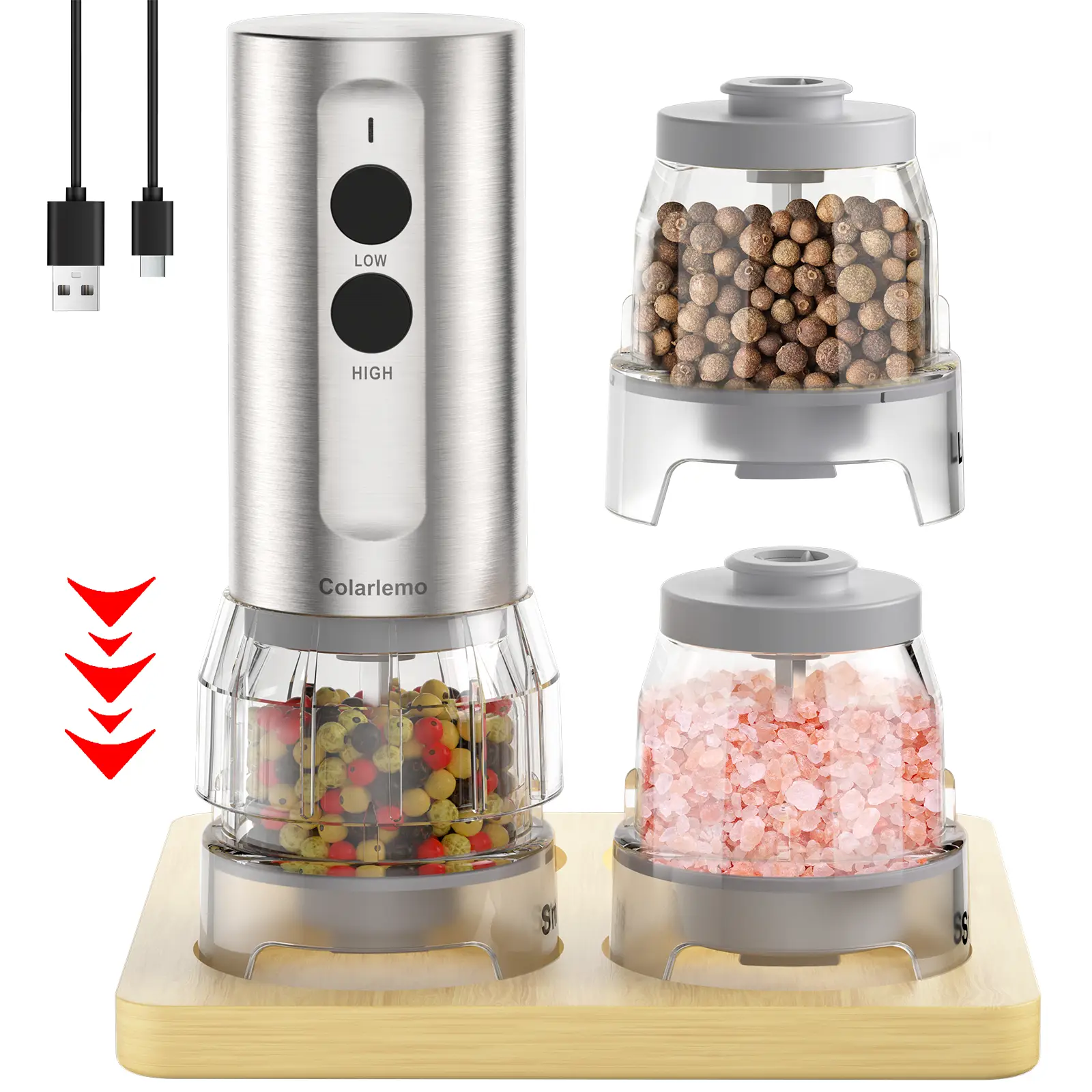 COLARLEMO electric Salt and Pepper Grinder Set - C-Type Rechargeable Automatic Grinder with 5 Adjustable Coarseness and LED Light, 3 Refillable Spice