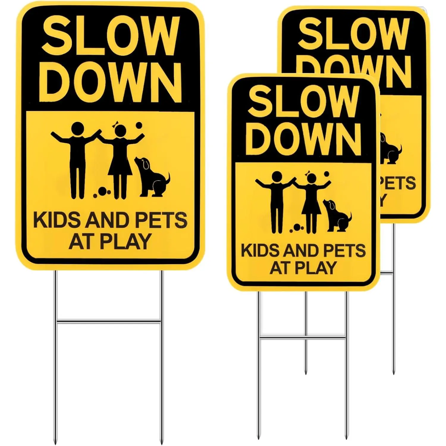 Slow Down Signs with H Stake,16"x12"  & Pets at Play Sign for Street Neighborhoods,Double Sided  Playing Safety Signs,,Fade Resistant, Playing Sign for Street 3 Pack