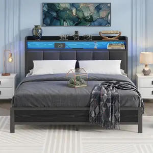 - Twin/Full/Queen/King Bed Frame Black, 3-Tier Storage Headboard, LED Lights (Color/Brightness Adjustable) & Charging Station (2 Outlets+1USB+1Type-C), Upholstered Platform, No Box Spring