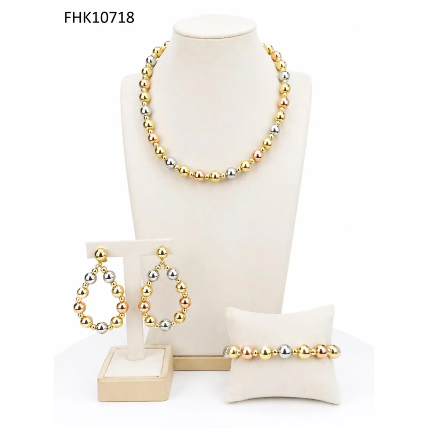 FHK10718 Tri-color Beaded Jewelry Set - Gold Silver Rose Gold Necklace Teardrop Earrings Bracelet Elegant Lightweight for Weddings Parties Church Birthdays Anniversaries Everyday Wear Gift for Women