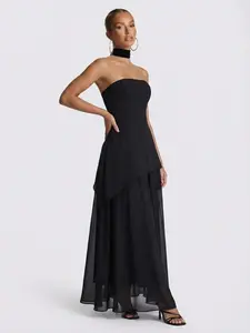 LikeMyChoice Elegant Strapless Mesh-Spliced Slit Maxi Dress in Black with Asymmetrical Hem and Flowy Layers Formal Tube