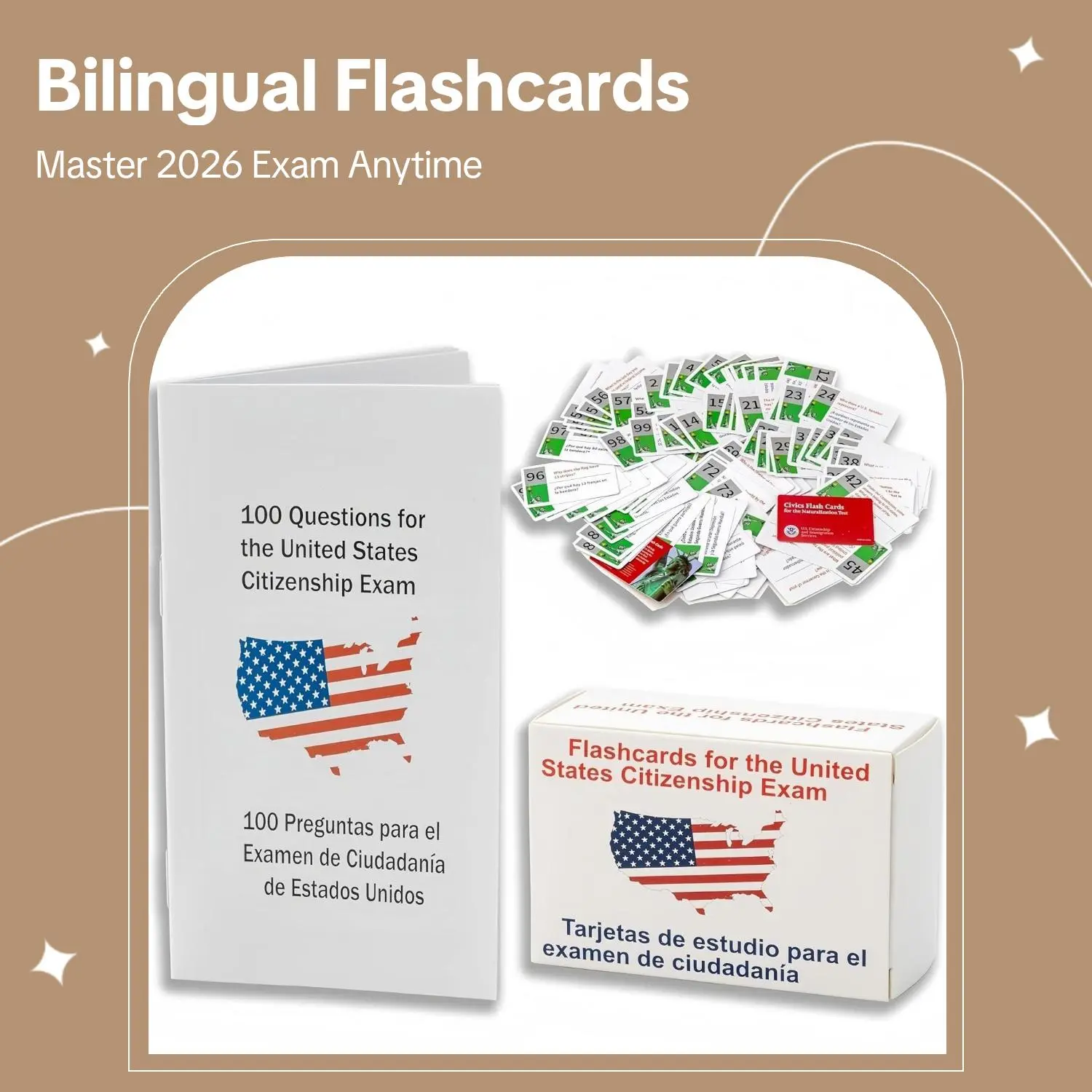 2026 U.S. Citizenship Flash Cards for Studying - English/Spanish USCIS Naturalization Exam Prep Set with Bilingual Study Booklet, 100 Official Questions, Durable Cardstock Learning Flash Cards