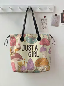 Mushroom Pattern Drawstring Tote Bag, Large Capacity Shopping Bag, Durable and Wear-Resistant, Casual Style for All Seasons