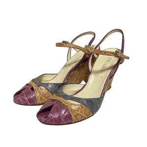 Pre-owned PRADA Calfskin Small Leather Goods Embossed Leather Wedge Sandals